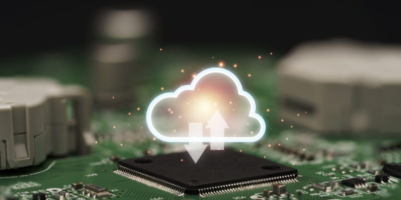 Cloud computing on electronic chip and board ,Cloud computer is Cloud computing on electronic chip and board ,Cloud computer is system to transfer data information and upload download application. Technology transformation concept.