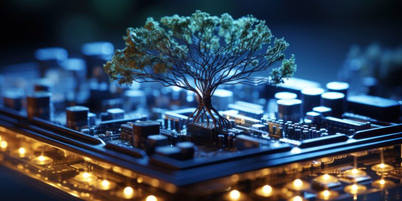 Tree growing on computer circuit board. Conceptual image of tree growing from the motherboard. Tree growing on computer circuit board.